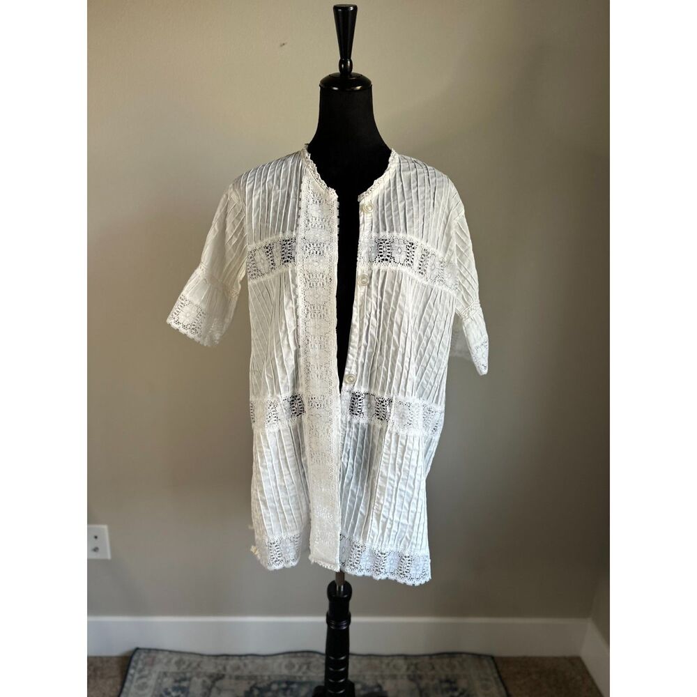 Vintage Women's White Pin Tuck Pleat Lace Trim Button Front Cotton Jacket Size L